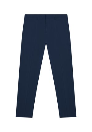 Pantaloni navy realizzati in un tessuto liscio, caratterizzati da una vestibilità sartoriale con un davanti piatto, due tasche laterali e un orlo pulito.