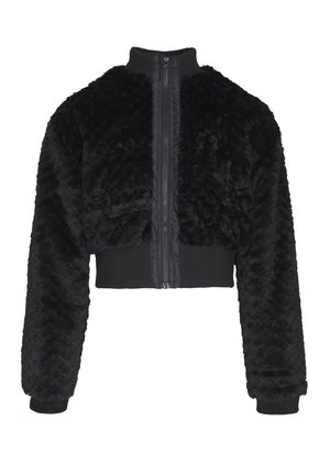 Schwarze, kurz geschnittene Kunstpelzjacke mit langen Ärmeln, gerippten Bündchen und Bund sowie einem Reißverschluss vorne.