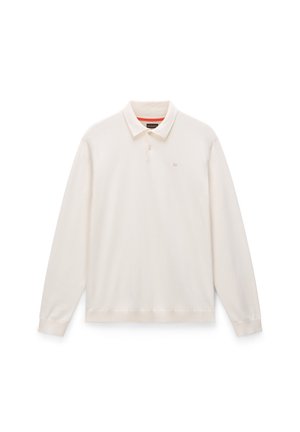 Pitkähihaista poloaitaa off-white värissä, valmistettu pehmeästä kankaasta. Ominaisuuksiin kuuluu klassinen kaulus, kolme nappia ja hillitty logojuliste.