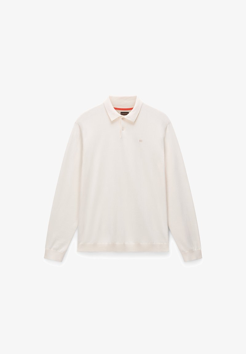 Polo a maniche lunghe di colore avorio, realizzato in tessuto morbido. Presenta un colletto classico, una chiusura con tre bottoni e un sottile dettaglio del logo.