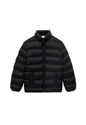 Veste matelassée noire avec col haut, fermeture éclair sur toute la longueur, manches longues et deux poches avant.