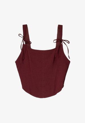 Donkerrood mouwloos cropped top met brede bandjes die op de schouders in strikjes zijn gebonden en aansluitende naden aan de voorkant.