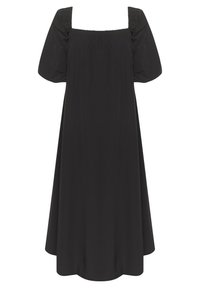Robe midi noire avec manches courtes bouffantes et encolure carrée, coupe ample descendant sous le genou.