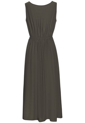 Sleeveless long dark olive green dress with elasticated waist and round neckline, displayed on a white background.