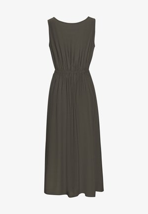 Sleeveless long dark olive green dress with elasticated waist and round neckline, displayed on a white background.