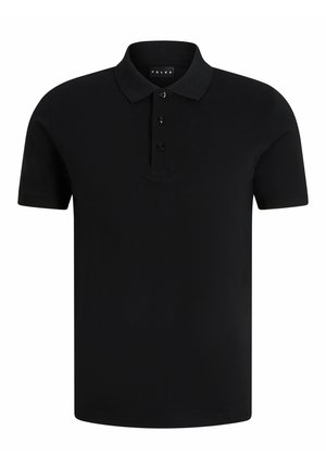 Czarny polo z klasycznym kołnierzykiem, krótkimi rękawami, zapięciem na trzy guziki i gładką bawełnianą fakturą. Minimalistyczny design, bez wzorów.
