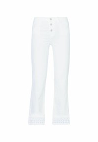 Jeans acampanados blancos de talle alto, con cierre de tres botones plateados y acentos bordados en el dobladillo; fabricados en una suave tela de mezclilla.