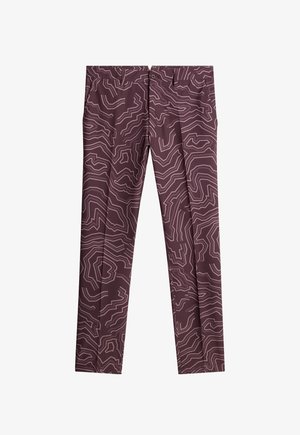 Pantalon mauve avec un motif de contour blanc, présentant un devant plat, des passants de ceinture et une fermeture éclair pour un ajustement épuré.