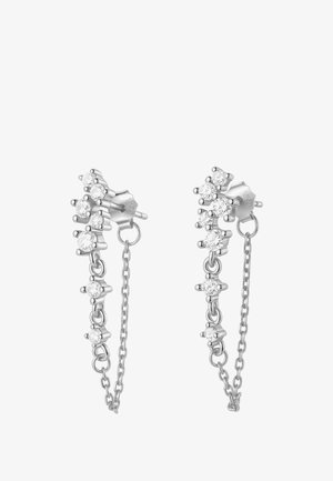 Silberohrringe mit Kettendesign, verziert mit mehreren klaren Kristallen. Der Stil ist linear mit unterschiedlich langen Kristallanordnungen.