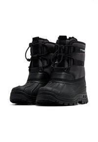 Izolowane czarne buty śniegowe z gumowymi podeszwami, regulowanymi sznurówkami i wyściełanym górnym brzegiem dla ciepła. Wykonane z teksturowanego materiału i solidnej konstrukcji.