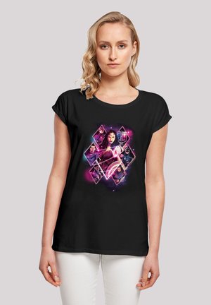Black t-shirt featuring a colorful graphic design of various superheroes. Short sleeves, round neckline, and relaxed fit.