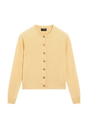 Gelbes Cardigan aus weichem Stoff, mit langen Ärmeln, rundem Ausschnitt und einer Reihe von fünf dekorativen Knöpfen auf der Vorderseite.