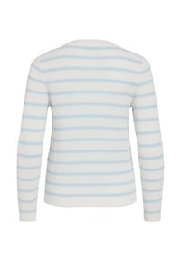 Πλεκτό πουλόβερ με μακριά μανίκια, με οριζόντιες ρίγες σε ανοιχτό μπλε και λευκό. Υφαντό ύφασμα με υφή και ριμπ τελείωμα.