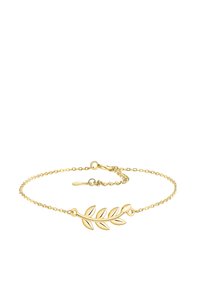 Guldtonet armbånd med et delikat bladdesign bestående af fem blade, på en fin kæde med en løveklips og justerbar længde.