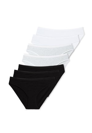 Set aus sechs Slips in Schwarz, Weiß und hellgrau. Weiche Baumwollmischung mit elastischem Bund und Ziernähten entlang der Kanten.