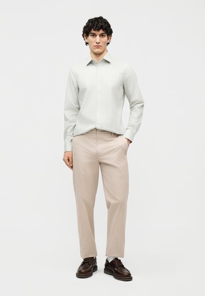 Jeune homme debout, une main dans la poche d'un pantalon beige, portant une chemise boutonnée à rayures claires et des chaussures marron foncé à lacets.