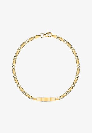 Armband in Goldoptik mit verbundenen ovalen und rechteckigen Kettengliedern. Verfügt über eine zentrale, leere Platte und einen Karabinerverschluss.