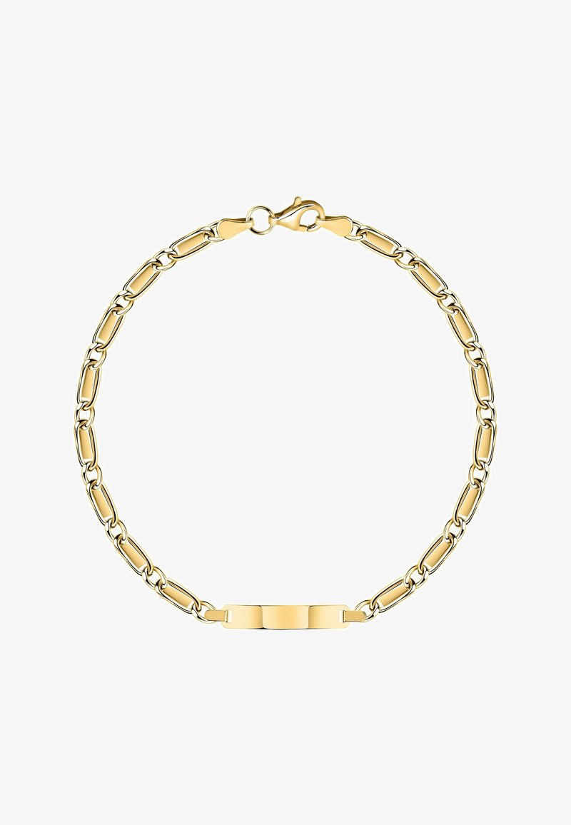 Armband in Goldoptik mit verbundenen ovalen und rechteckigen Kettengliedern. Verfügt über eine zentrale, leere Platte und einen Karabinerverschluss.