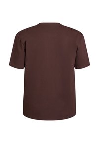 Brun bomulls T-shirt med korta ärmar, rund halsringning och avslappnad passform. Slät textur och solid färg, inga synliga logotyper eller mönster.