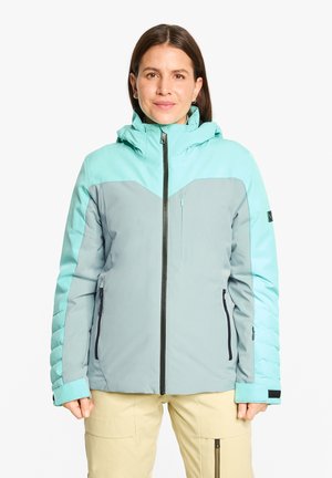 Grau und hellblaue Skijacke mit Kapuze, Frontreißverschluss und mit Reißverschluss versehenen Taschen. Verfügt über ein Farbschema im Color-Blocking-Design und eine gesteppten Struktur an den Ärmeln.