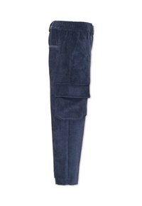Pantalons cargo en velours côtelé bleu marine avec un tissu texturé, dotés d'une poche latérale et d'une taille élastique pour un ajustement confortable.