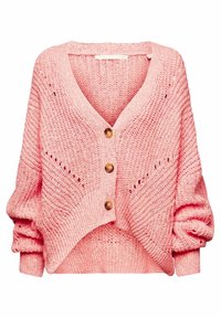 Cardigan tricoté épais en rose doux avec un col en V, trois boutons en bois et des manches bouffantes. Présente des motifs texturés et un tissage ajouré.