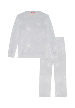 Set de pijamale din două piese din țesătură gri deschis, compus dintr-o bluză cu mânecă lungă și pantaloni. Decorat cu modele discrete de stele albe. Curea elastică la talie.