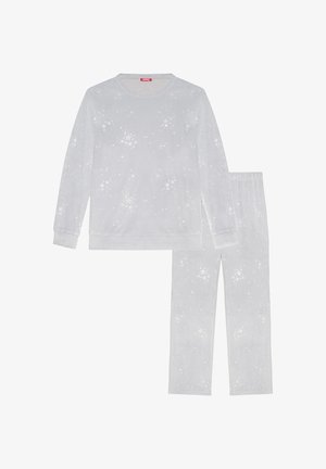 Set de pijamale din două piese din țesătură gri deschis, compus dintr-o bluză cu mânecă lungă și pantaloni. Decorat cu modele discrete de stele albe. Curea elastică la talie.