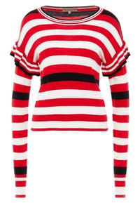 Pull rayé rouge, blanc et noir avec manches courtes volantées et encolure ronde ; comprend des manches longues ajustées.