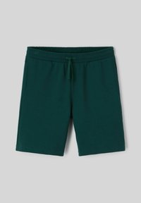 Shorts en coton verts avec une taille élastique, un cordon de serrage et des poches latérales. Design simple avec une texture unie et sans motifs visibles.