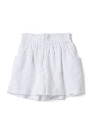 Weiße Shorts mit elastischem Bund, bestickt mit floralen Mustern und Seitentaschen an beiden Beinen.