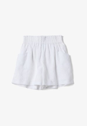 Weiße Shorts mit elastischem Bund, bestickt mit floralen Mustern und Seitentaschen an beiden Beinen.