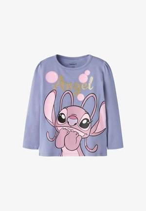Liliowa koszula z długim rękawem z dużą różową postacią z kreskówki, bąbelkami i złotym brokatowym napisem "Angel" na przodzie.