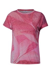 Camiseta de manga corta rosa con un patrón floral. La tela es suave y presenta el texto "OWN YOUR VIBE" en blanco en la parte delantera.