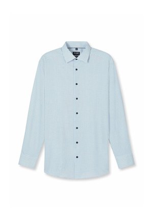Light blue long-sleeve button-up shirt with small dark dot pattern and pointed collar, laid flat on a white background.