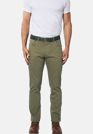 Olive green pants made of sturdy fabric, featuring front pockets, a button fly, and a textured black and green striped belt.
