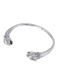 Silverarmband med två lejonhuvuden i ändarna, texturerad detaljering och ett slätt, rundat band med en subtil metallisk finish.