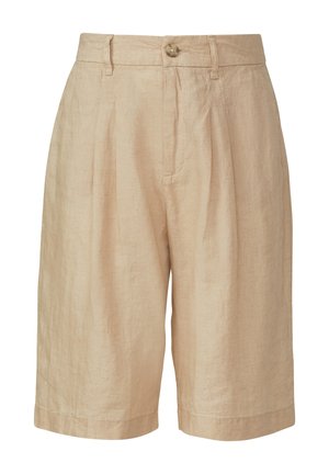 Beżowe lniane szorty z wysokim stanem, plisami z przodu, szlufkami na pasek, zapięciem na guziki i nogawkami sięgającymi kolan.