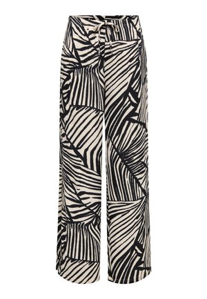 Laiade lõikega püksid, musta ja valkja abstraktse sebratriibuga ning eesääre nööriga vöökoha juures.