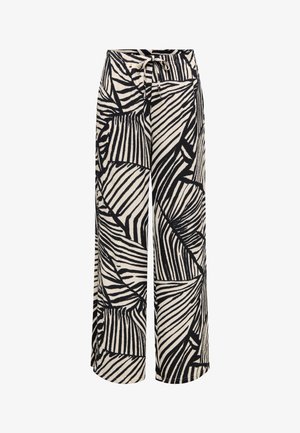 Wijde broek met een zwart-wit abstract zebraprint en een strikkoord aan de voorkant in de tailleband.