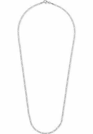 Collier chaîne en argent avec de petits maillons ovales allongés et un fermoir mousqueton, présenté sur un fond blanc.