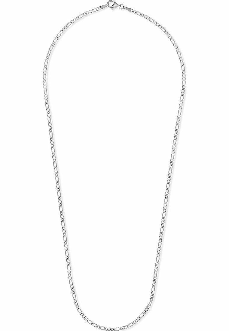 Collier chaîne en argent avec de petits maillons ovales allongés et un fermoir mousqueton, présenté sur un fond blanc.