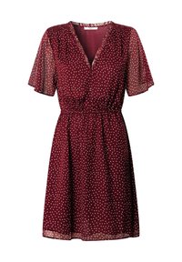 Vestido burdeos con lunares, mangas cortas con volantes, escote en V y cintura elástica, confeccionado con una tela ligera y translúcida.