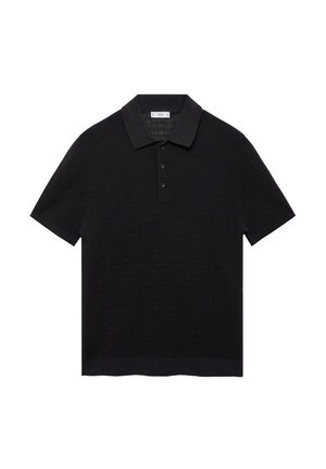 Crna polo majica kratkih rukava s teksturiranim pletenim dizajnom, ravnim ovratnikom i plaketom sa tri gumba. Rubovi imaju čist i ravno rezan oblik.