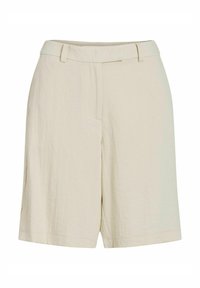 Pantaloni corti in lino color crema con una texture liscia, caratterizzati da un davanti piatto, tasche laterali e una vestibilità rilassata, adatti per un abbigliamento casual.