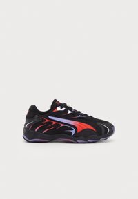 Black athletic shoe with mesh material, red and purple flame design accents, and a textured sole. Features contrasting branding on the heel.