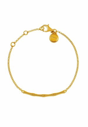 Pulsera de oro con una cadena fina, un centro en forma de barra inspirado en el bambú y un colgante con un diseño texturizado. Asegurada con un cierre de langosta.