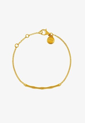 Pulsera de oro con una cadena fina, un centro en forma de barra inspirado en el bambú y un colgante con un diseño texturizado. Asegurada con un cierre de langosta.