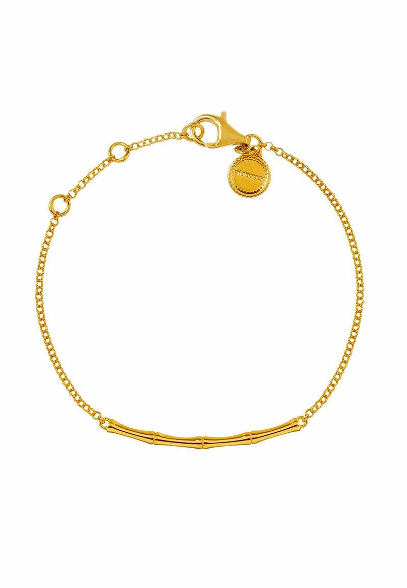 Pulsera de oro con una cadena fina, un centro en forma de barra inspirado en el bambú y un colgante con un diseño texturizado. Asegurada con un cierre de langosta.