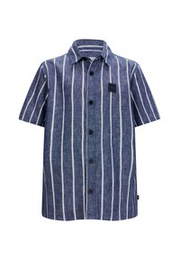 Camicia a maniche corte a righe blu navy e bianche, con chiusura a bottoni, colletto e una piccola etichetta nera sul petto.